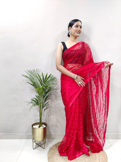 Beautiful Red Net Brasso Saree With Running Net Blouse