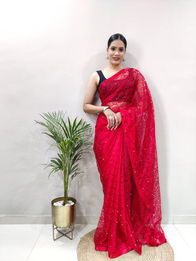 Beautiful Red Net Brasso Saree With Running Net Blouse