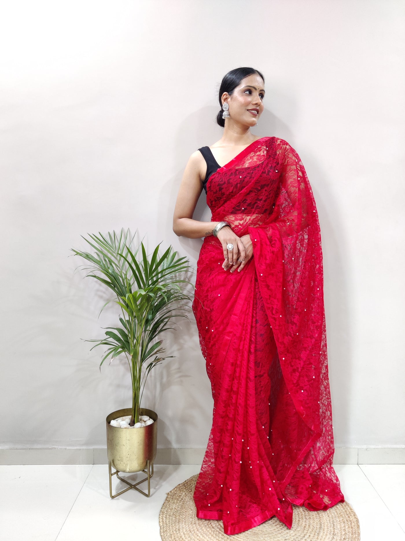 Beautiful Red Net Brasso Saree With Running Net Blouse