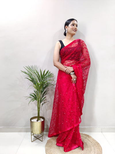 Beautiful Red Net Brasso Saree With Running Net Blouse