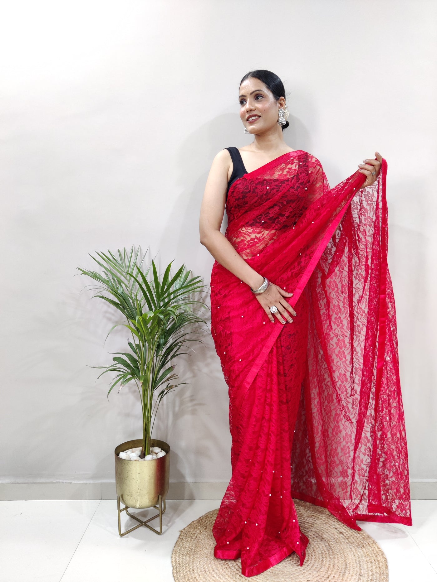 Beautiful Red Net Brasso Saree With Running Net Blouse