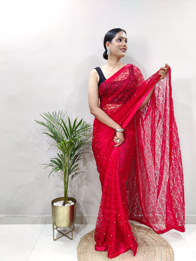 Beautiful Red Net Brasso Saree With Running Net Blouse