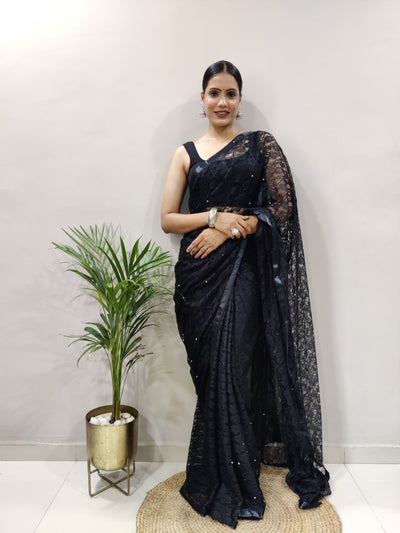 Beautiful Black Net Brasso Saree With Running Net Blouse