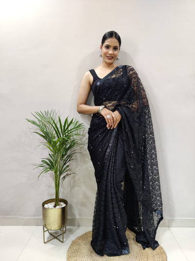 Beautiful Black Net Brasso Saree With Running Net Blouse