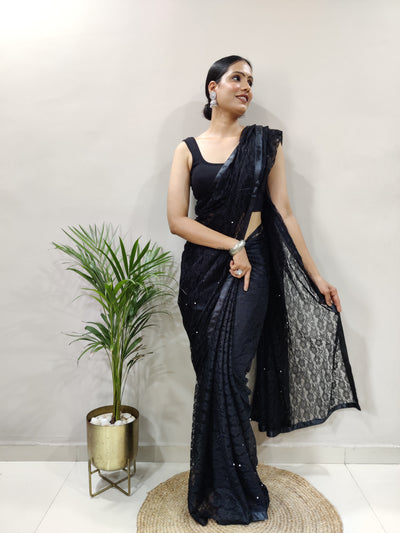 Beautiful Black Net Brasso Saree With Running Net Blouse