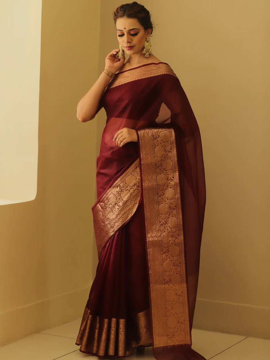 Beautiful Organza Jacquard Saree With Raw Silk Blouse