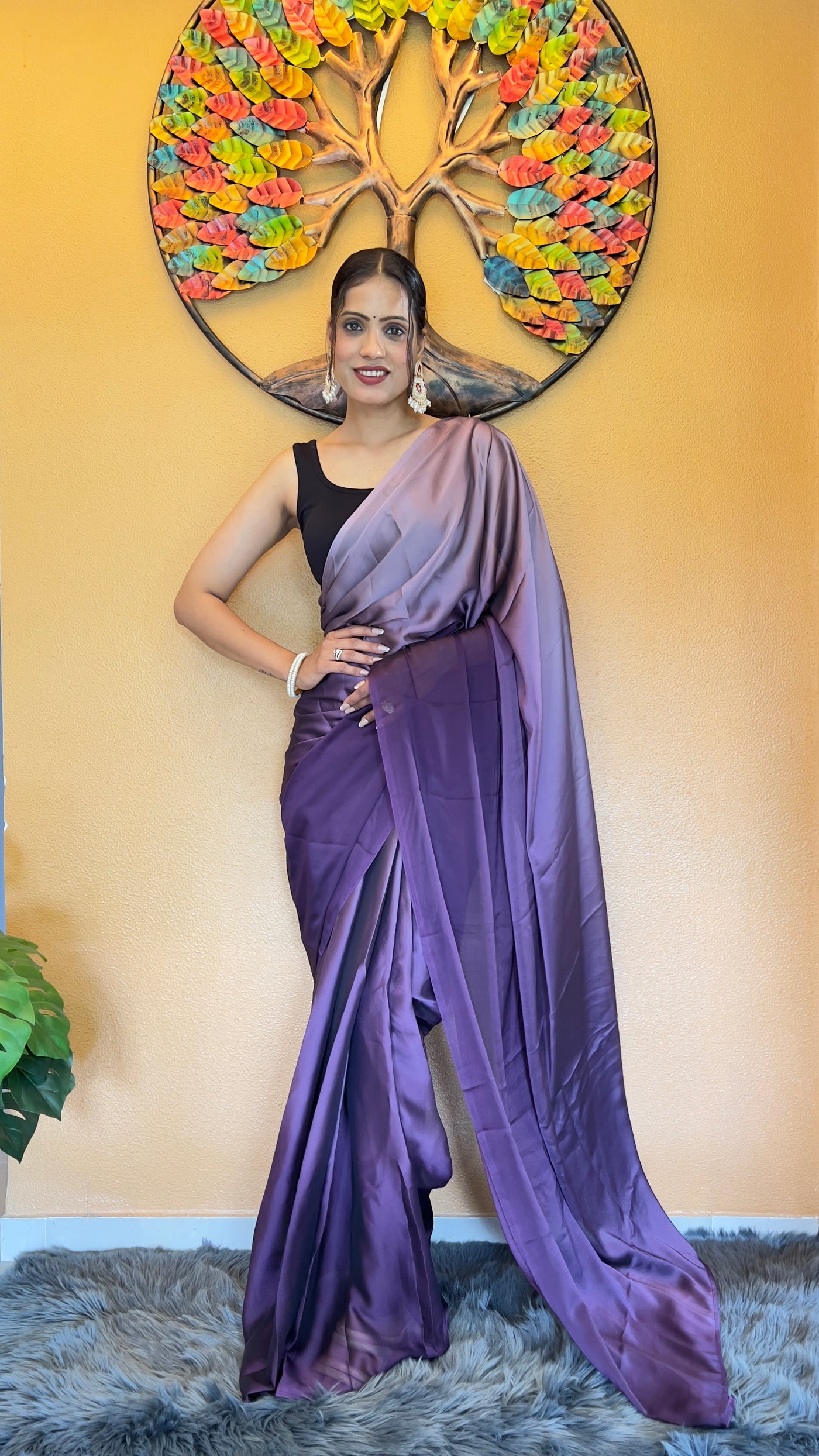 Beautiful Ready To Wear Rangoli Silk Printed Purple Saree With Unstitched Blouse