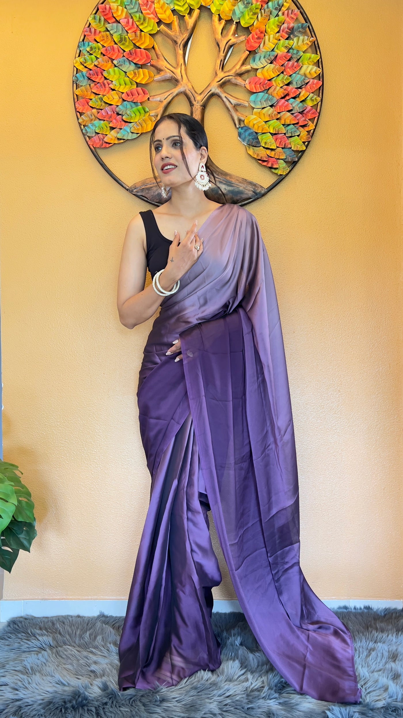 Beautiful Ready To Wear Rangoli Silk Printed Purple Saree With Unstitched Blouse