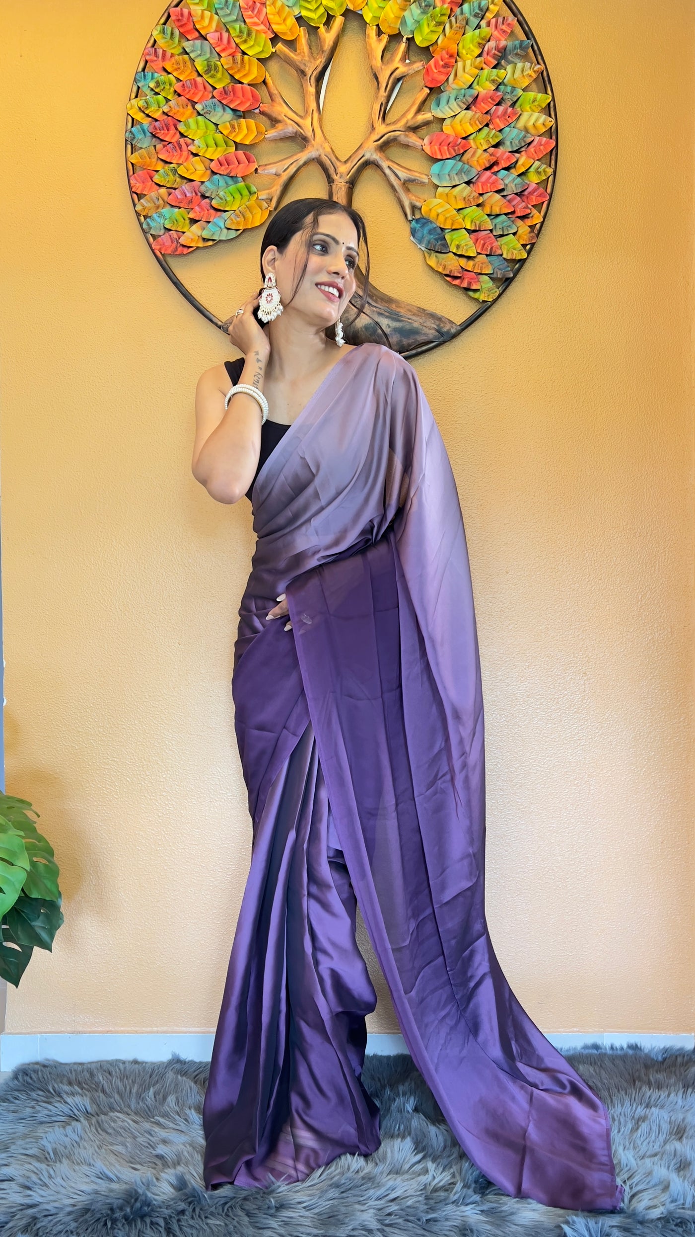 Beautiful Ready To Wear Rangoli Silk Printed Purple Saree With Unstitched Blouse