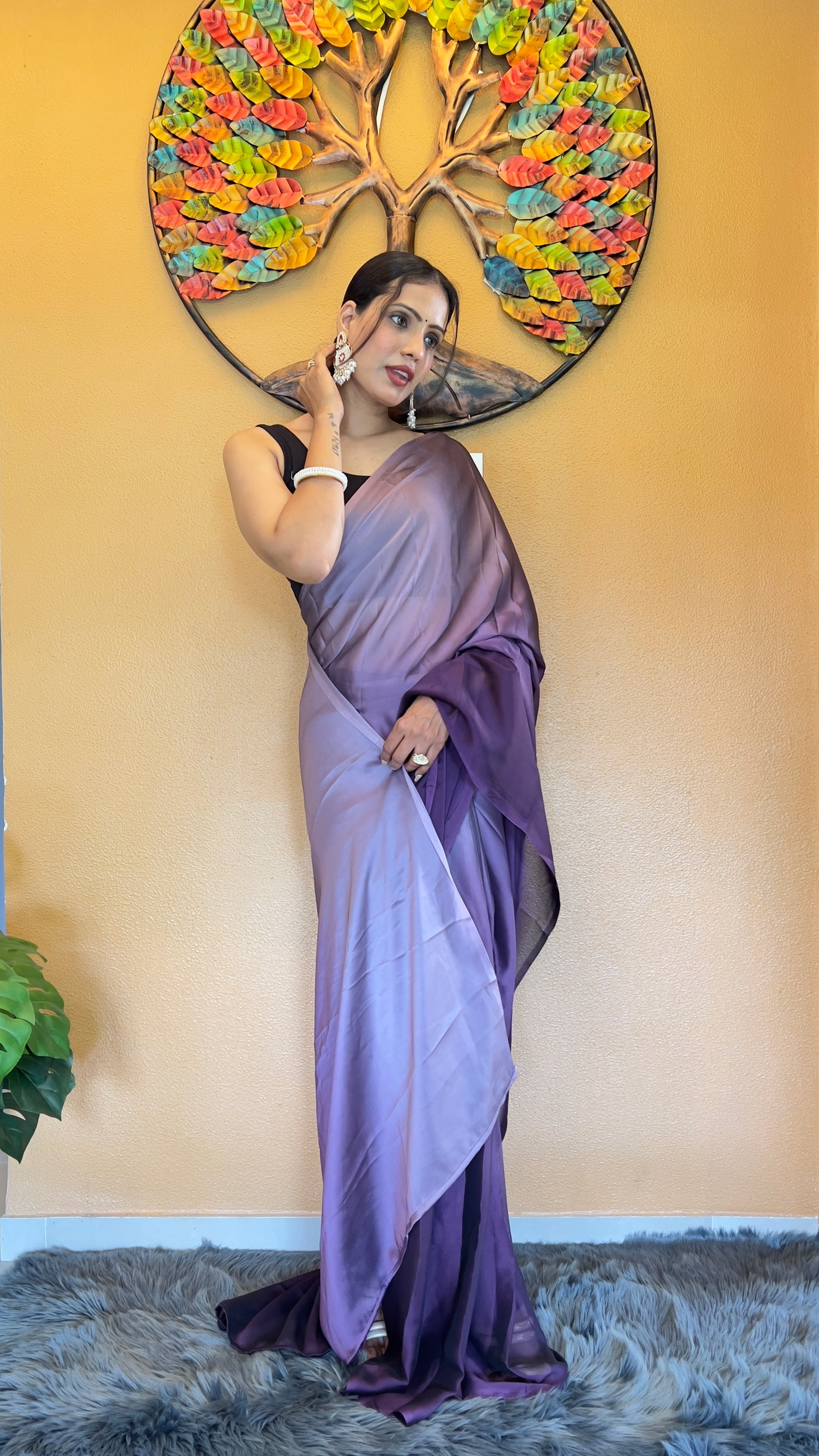 Beautiful Ready To Wear Rangoli Silk Printed Purple Saree With Unstitched Blouse