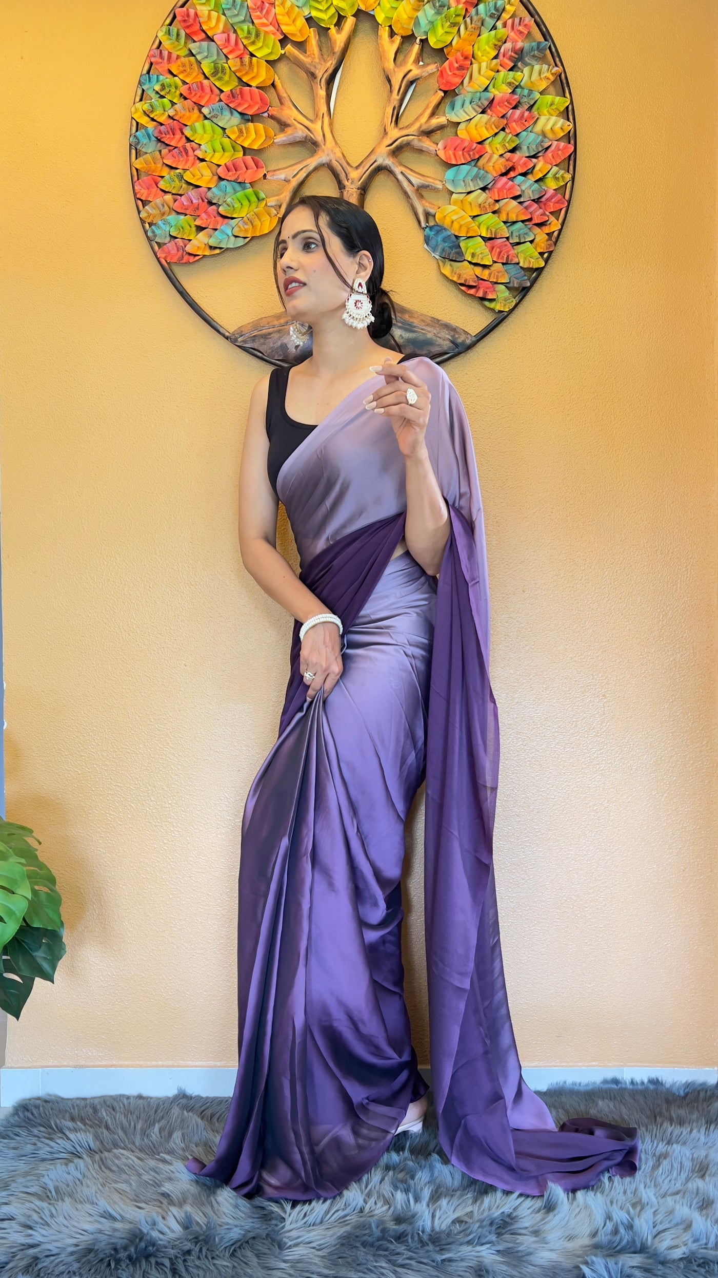 Beautiful Ready To Wear Rangoli Silk Printed Purple Saree With Unstitched Blouse