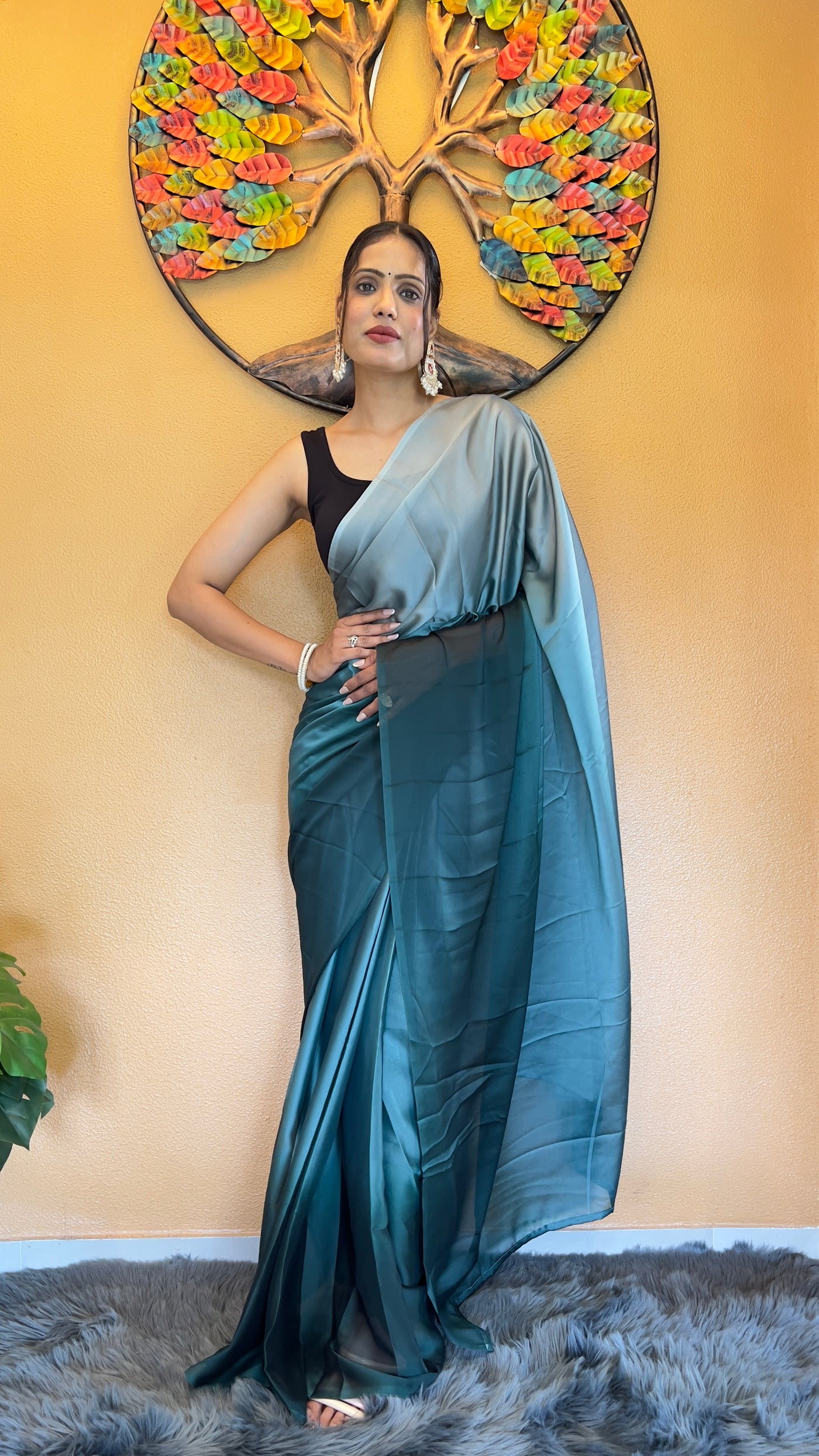 Beautiful Ready To Wear Rangoli Silk Printed Navy Blue Saree With Unstitched Blouse