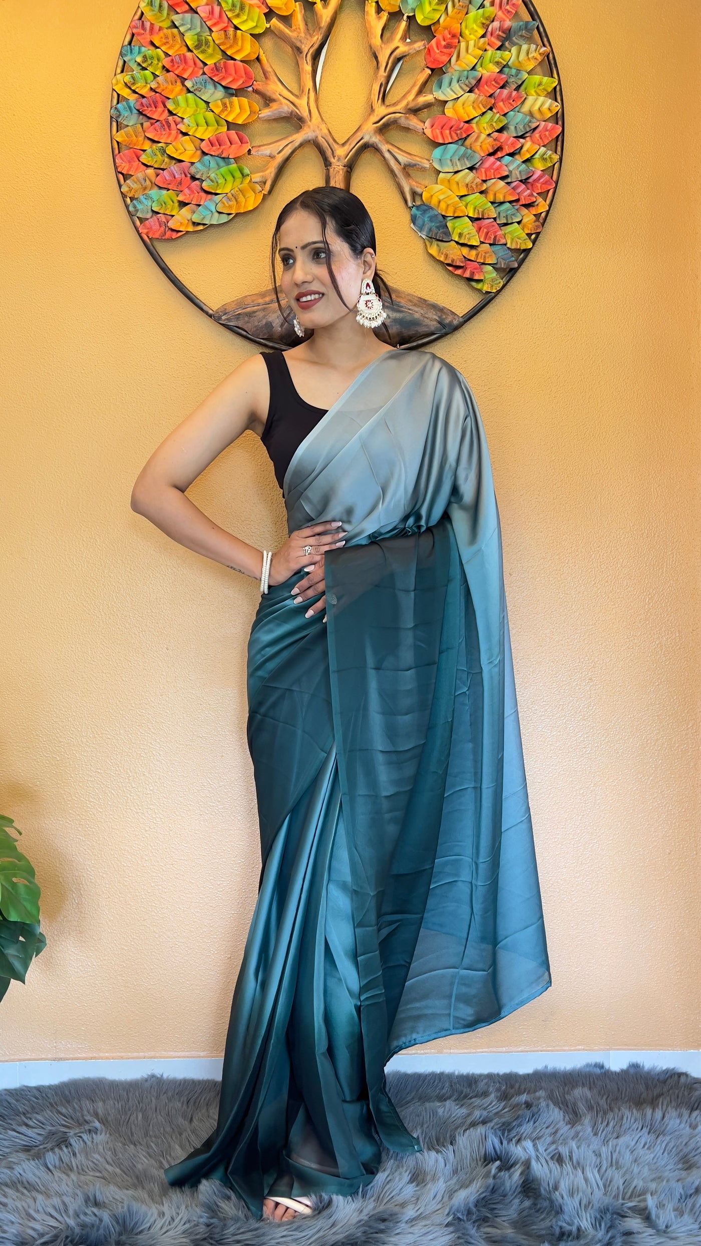 Beautiful Ready To Wear Rangoli Silk Printed Navy Blue Saree With Unstitched Blouse