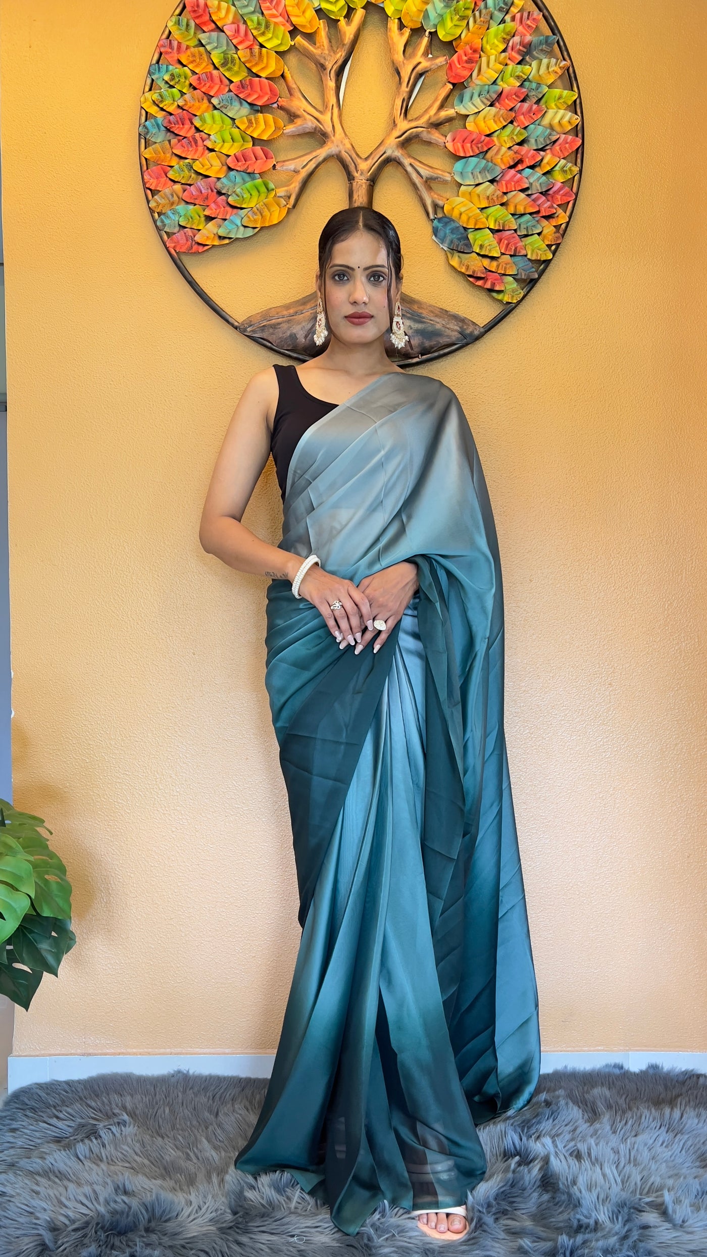 Beautiful Ready To Wear Rangoli Silk Printed Navy Blue Saree With Unstitched Blouse