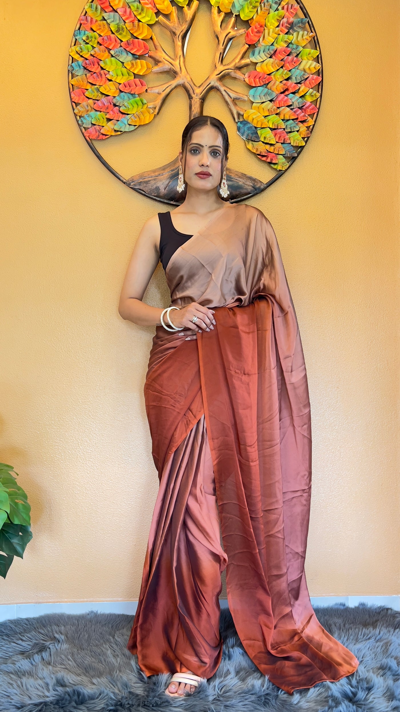 Beautiful Ready To Wear Rangoli Silk Printed Brown Saree With Unstitched Blouse