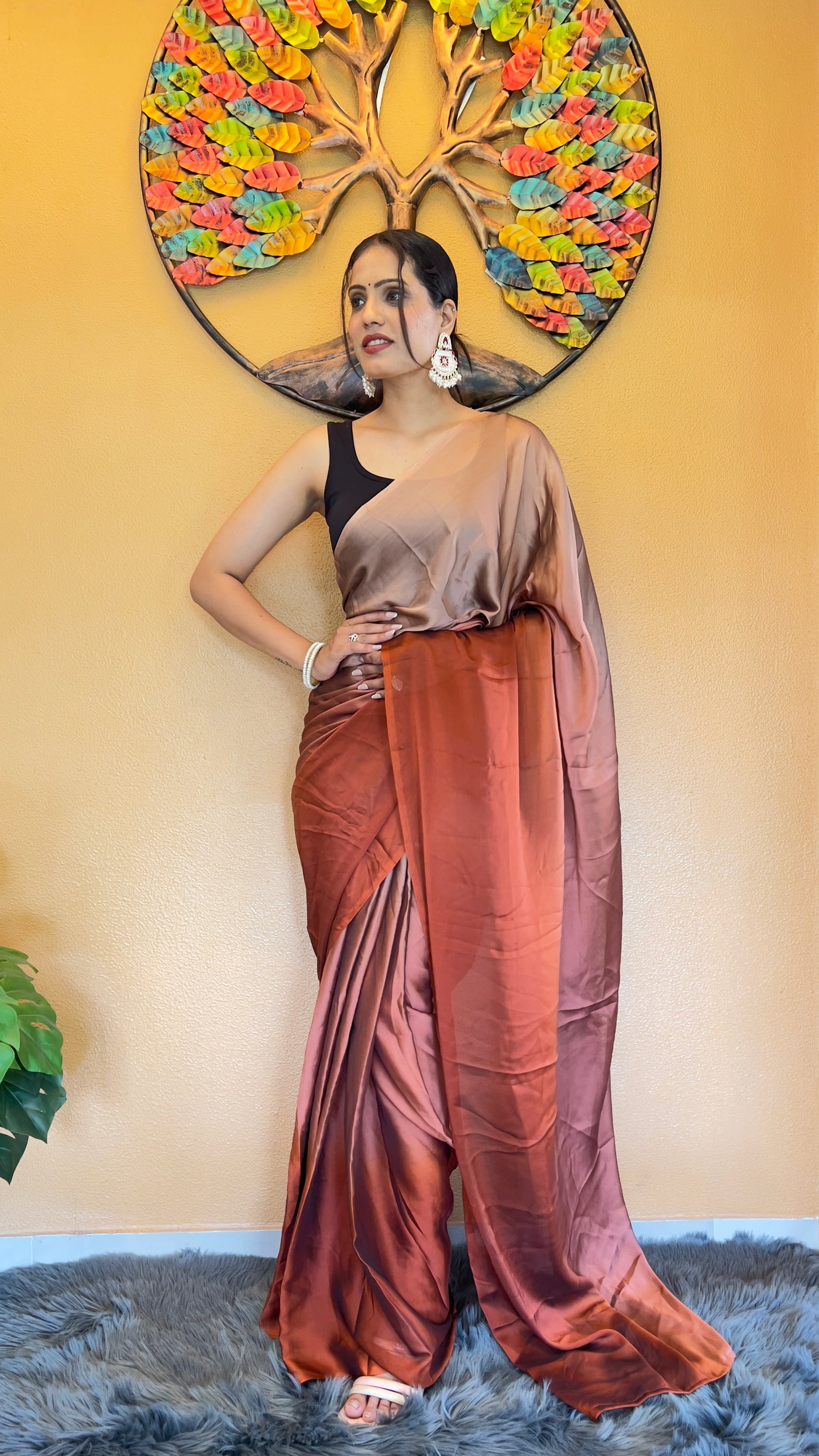 Beautiful Ready To Wear Rangoli Silk Printed Brown Saree With Unstitched Blouse