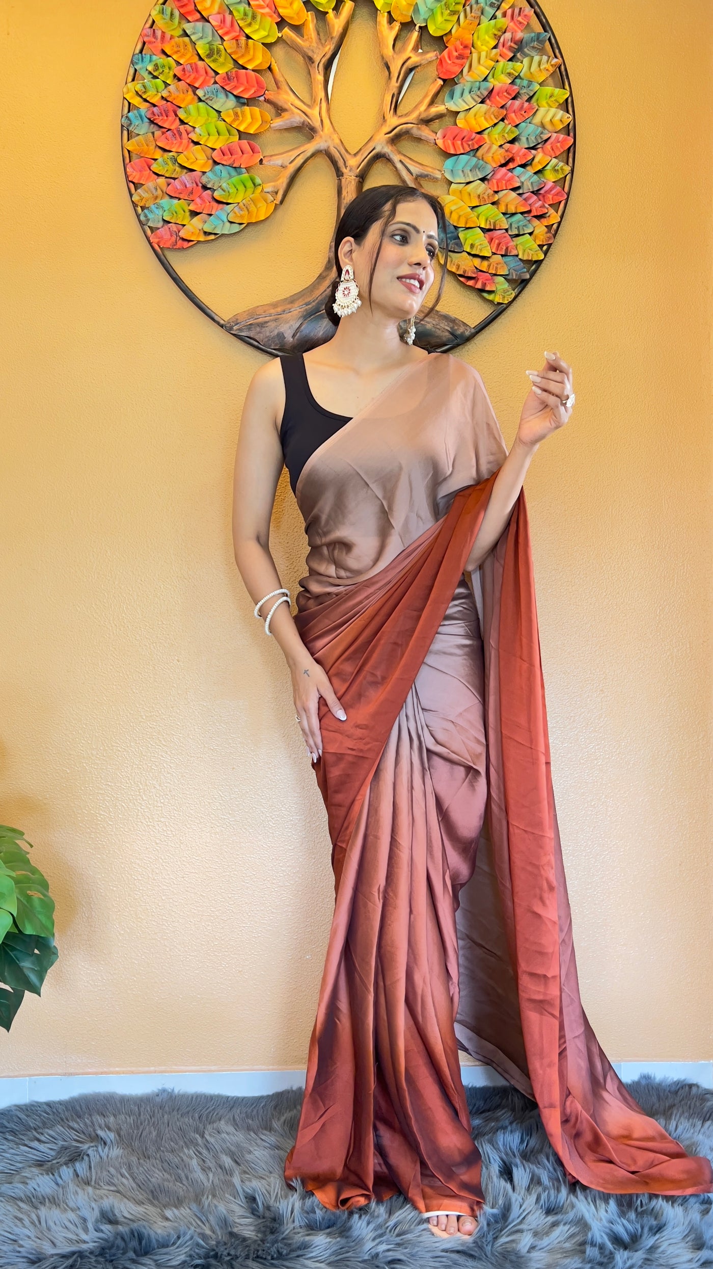 Beautiful Ready To Wear Rangoli Silk Printed Brown Saree With Unstitched Blouse