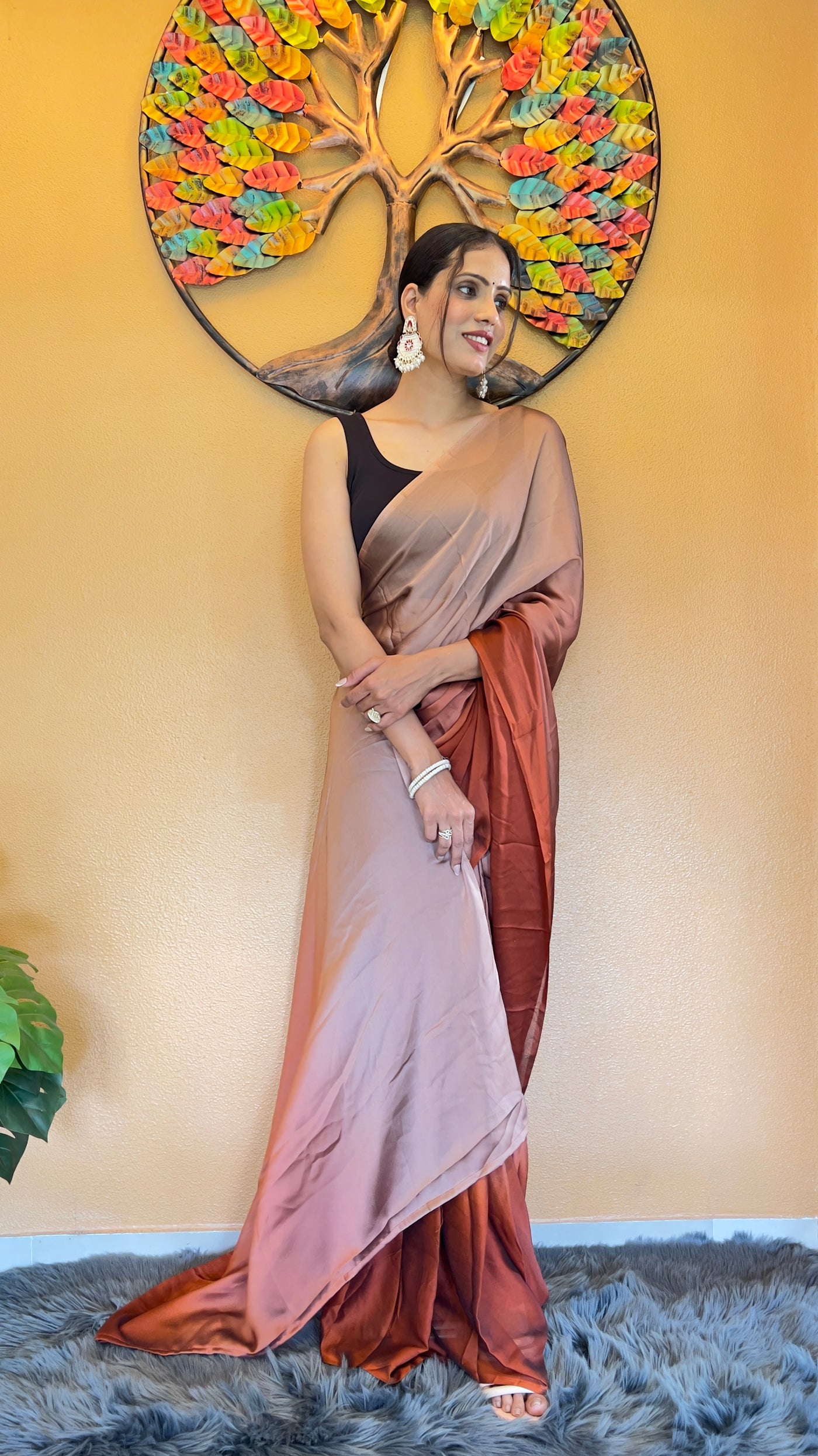 Beautiful Ready To Wear Rangoli Silk Printed Brown Saree With Unstitched Blouse