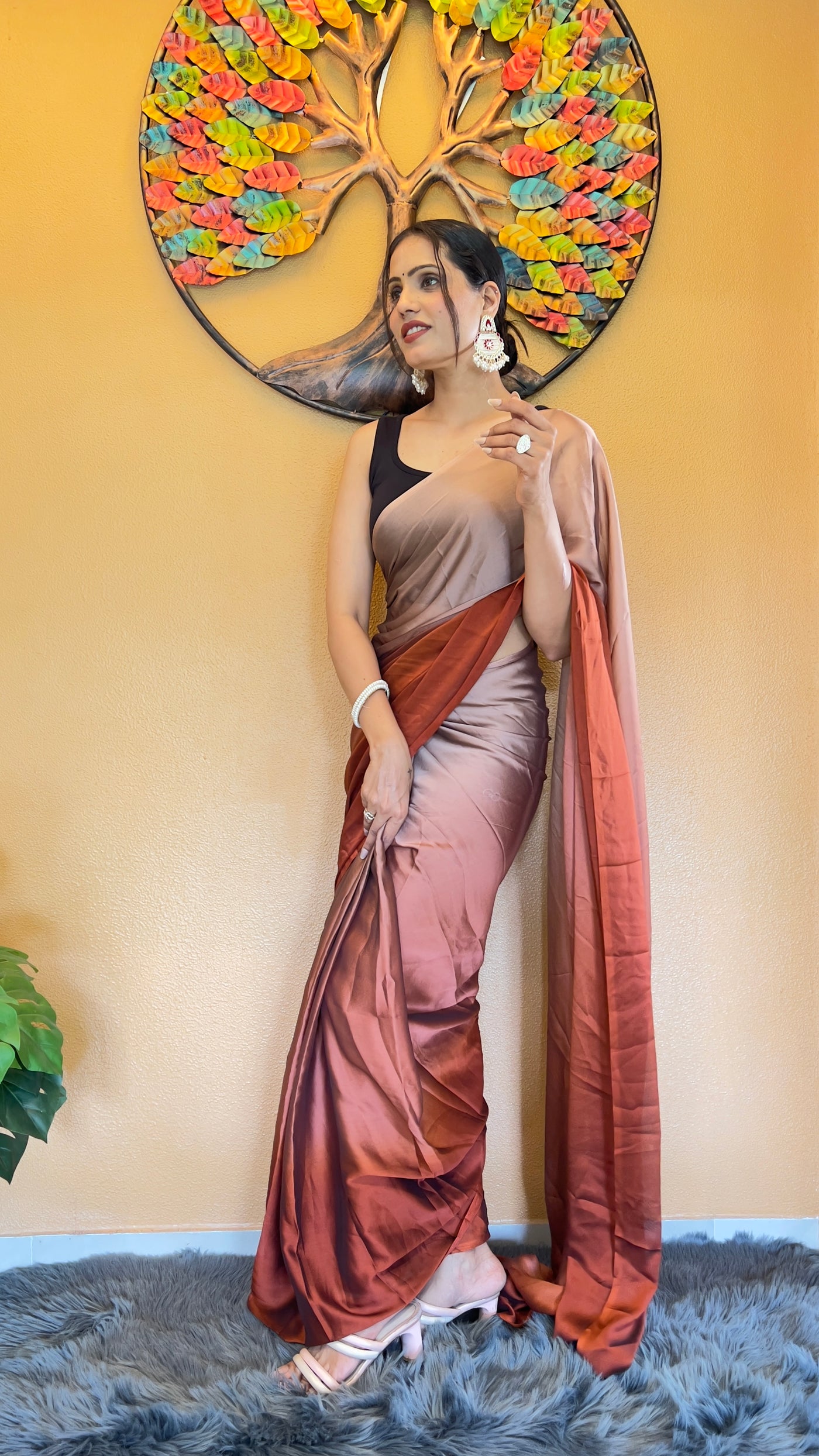 Beautiful Ready To Wear Rangoli Silk Printed Brown Saree With Unstitched Blouse
