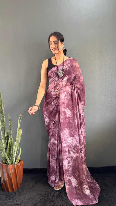 1 Min Ready To Wear Purple Rangoli Silk Printed Saree With Banglori Satin Blouse