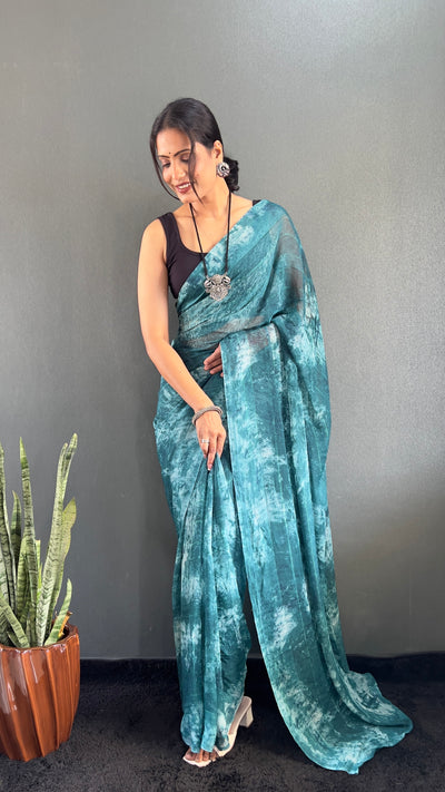 1 Min Ready To Wear Blue Rangoli Silk Printed Saree With Banglori Satin Blouse