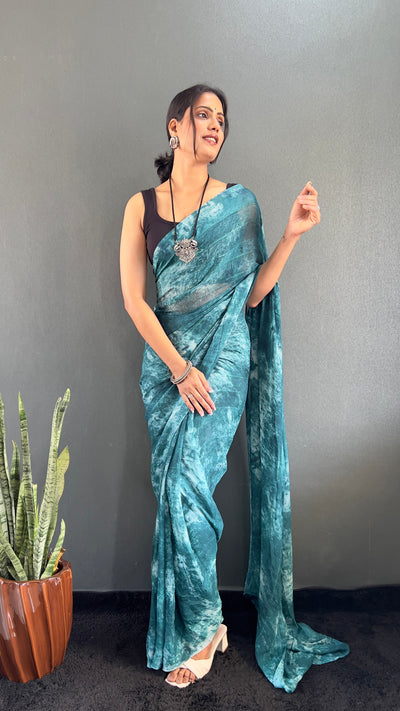 1 Min Ready To Wear Blue Rangoli Silk Printed Saree With Banglori Satin Blouse