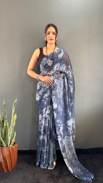 1 Min Ready To Wear Navy Blue Rangoli Silk Printed Saree With Banglori Satin Blouse