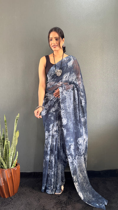 1 Min Ready To Wear Navy Blue Rangoli Silk Printed Saree With Banglori Satin Blouse