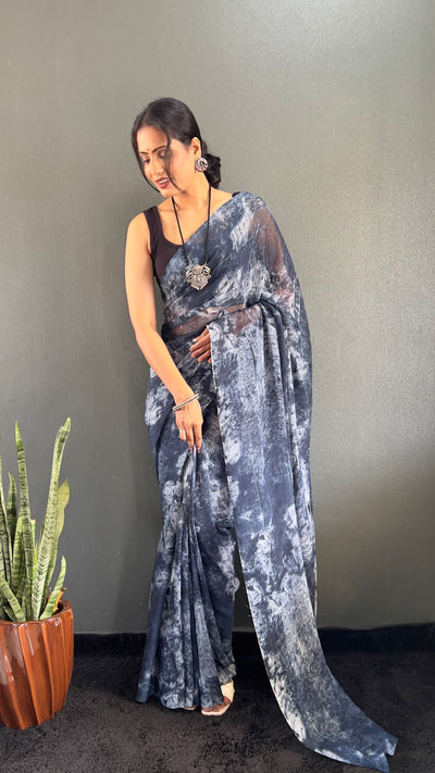 1 Min Ready To Wear Navy Blue Rangoli Silk Printed Saree With Banglori Satin Blouse