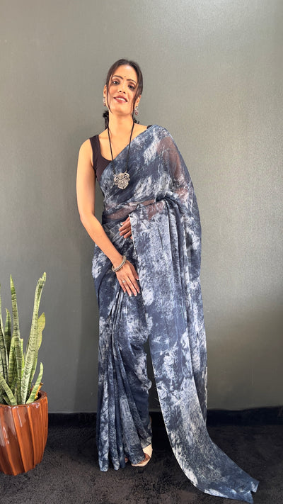 1 Min Ready To Wear Navy Blue Rangoli Silk Printed Saree With Banglori Satin Blouse