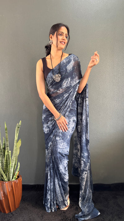 1 Min Ready To Wear Navy Blue Rangoli Silk Printed Saree With Banglori Satin Blouse