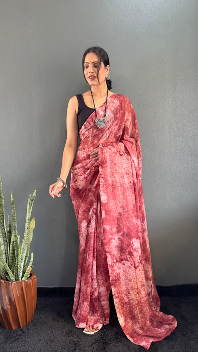 1 Min Ready To Wear Red Rangoli Silk Printed Saree With Banglori Satin Blouse