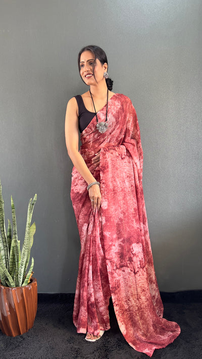 1 Min Ready To Wear Red Rangoli Silk Printed Saree With Banglori Satin Blouse