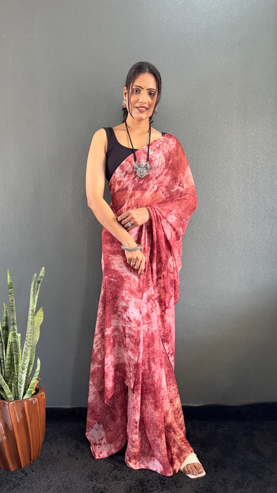 1 Min Ready To Wear Red Rangoli Silk Printed Saree With Banglori Satin Blouse