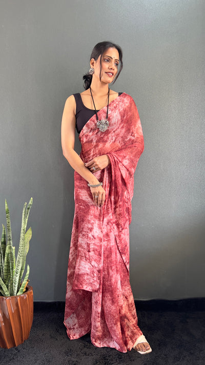 1 Min Ready To Wear Red Rangoli Silk Printed Saree With Banglori Satin Blouse