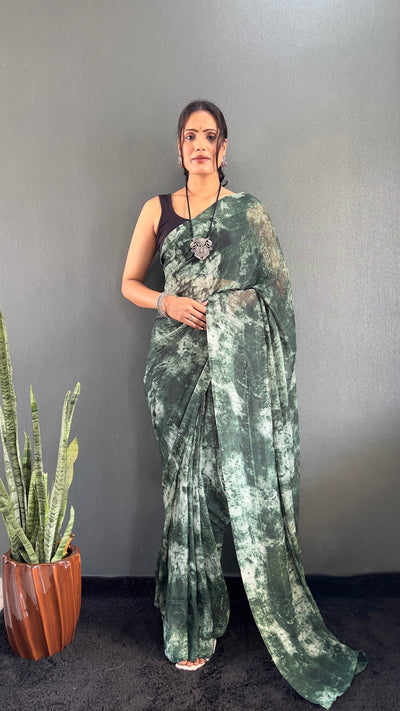 1 Min Ready To Wear Dark Green Rangoli Silk Printed Saree With Banglori Satin Blouse
