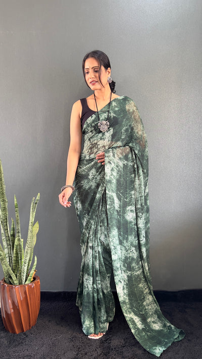 1 Min Ready To Wear Dark Green Rangoli Silk Printed Saree With Banglori Satin Blouse