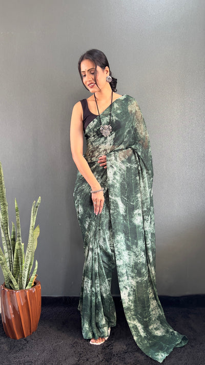 1 Min Ready To Wear Dark Green Rangoli Silk Printed Saree With Banglori Satin Blouse