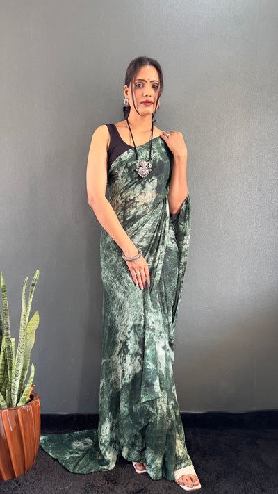 1 Min Ready To Wear Dark Green Rangoli Silk Printed Saree With Banglori Satin Blouse