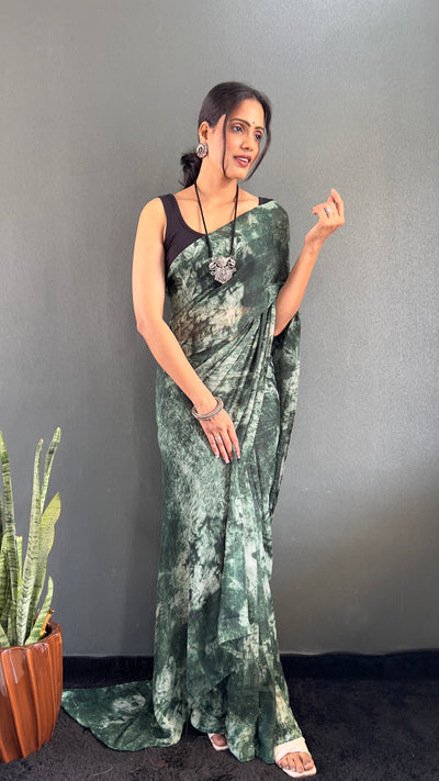 1 Min Ready To Wear Dark Green Rangoli Silk Printed Saree With Banglori Satin Blouse