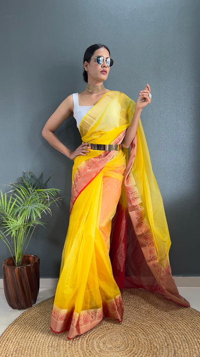 Beautiful Pure Kanchi Organza Jacquard Yellow Saree With Unstitched Blouse