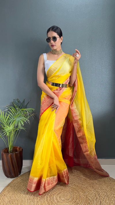 Beautiful Pure Kanchi Organza Jacquard Yellow Saree With Unstitched Blouse