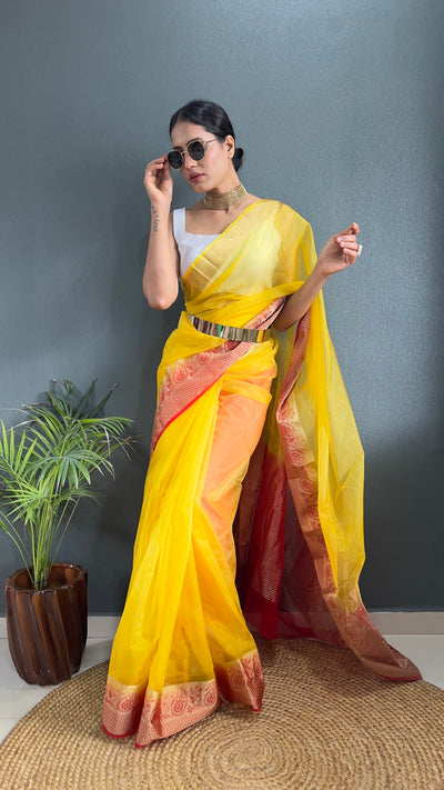 Beautiful Pure Kanchi Organza Jacquard Yellow Saree With Unstitched Blouse