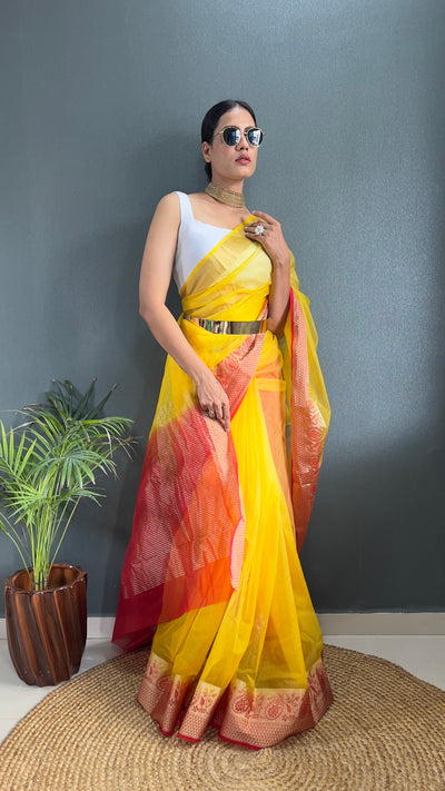 Beautiful Pure Kanchi Organza Jacquard Yellow Saree With Unstitched Blouse