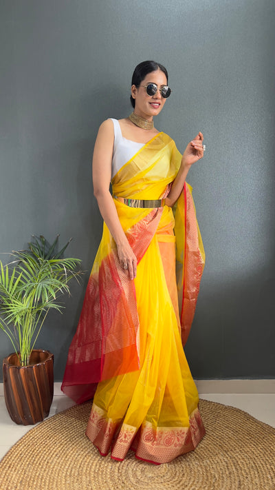 Beautiful Pure Kanchi Organza Jacquard Yellow Saree With Unstitched Blouse