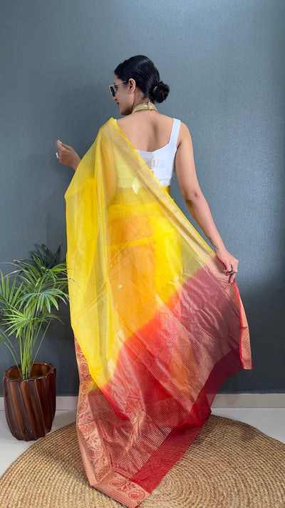 Beautiful Pure Kanchi Organza Jacquard Yellow Saree With Unstitched Blouse