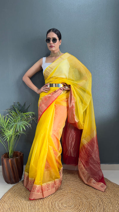 Beautiful Pure Kanchi Organza Jacquard Yellow Saree With Unstitched Blouse