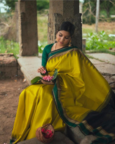Gorgeous Yellow Soft Litchi Silk Printed Saree With Unstitched Blouse
