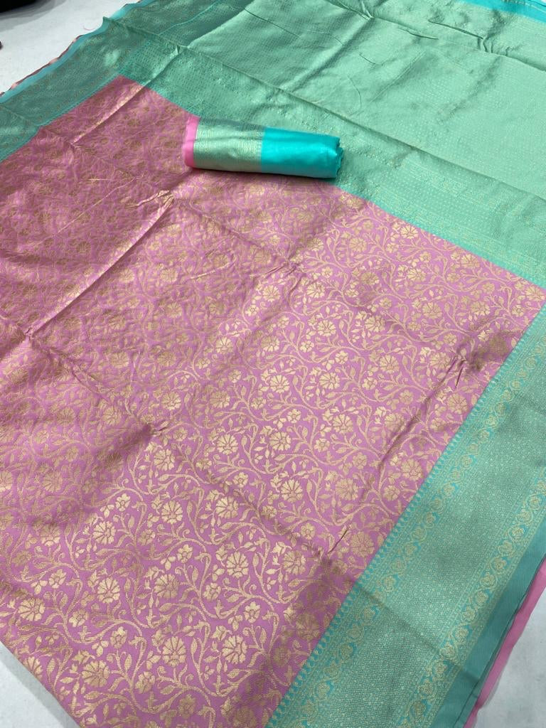 Beautiful Banarasi Tissues Silk Printed Saree With Tapeta Jaal Fancy Border & Unstitched Blouse