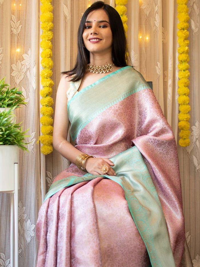 Beautiful Banarasi Tissues Silk Printed Saree With Tapeta Jaal Fancy Border & Unstitched Blouse